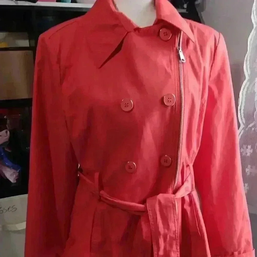 "BLACK RIVET" Ladies Belted Trench Coat Sz XLCoral Color EUC